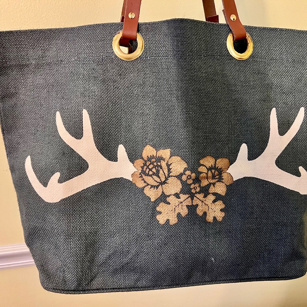 Mud Pie Charcoal Tote with Antler and Floral Design NWOT - Picture 7 of 9